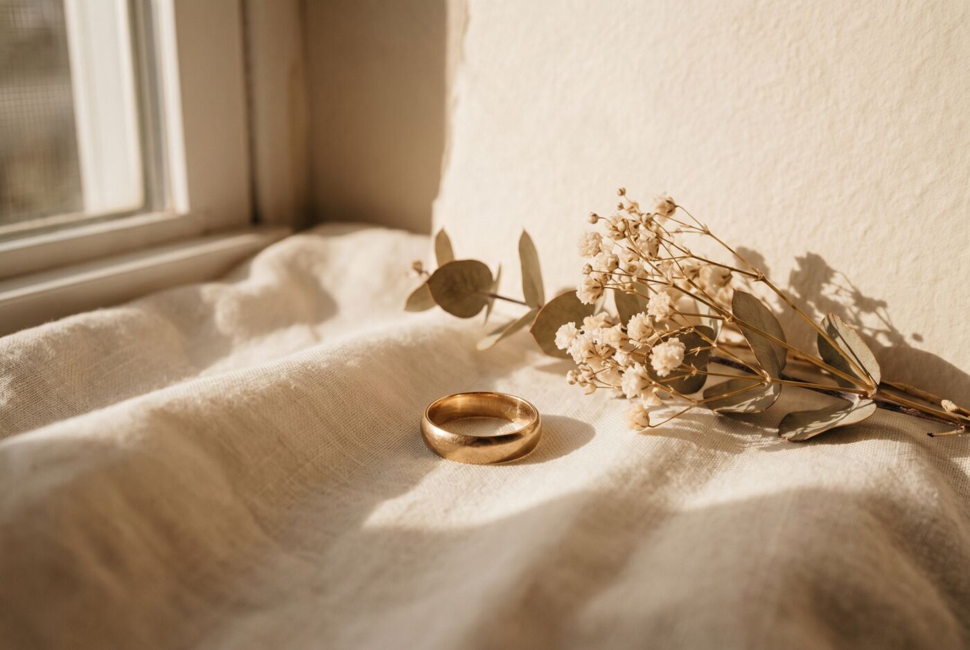 A wedding ring resting on folded cream linen beside dried ivory florals